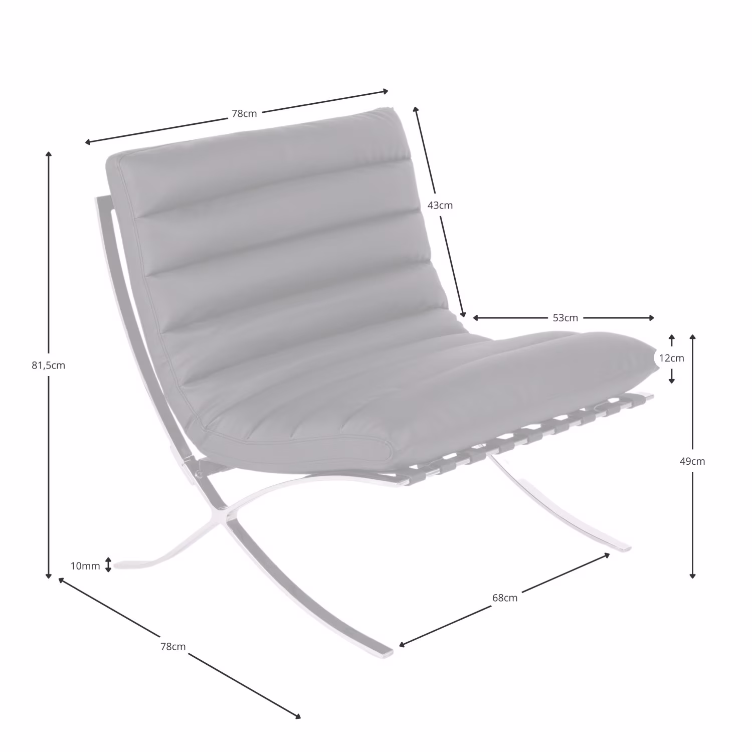 Image with the measurements of the design armchair Madrid