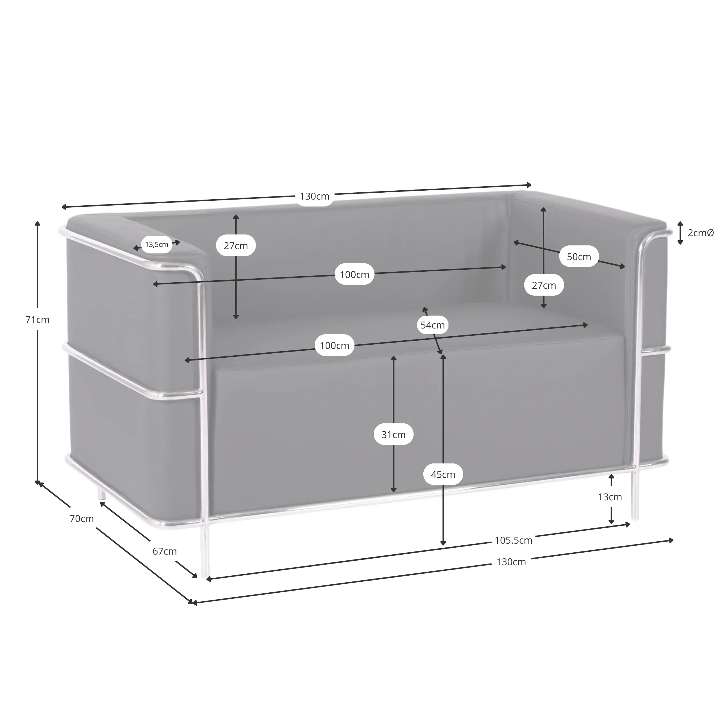 Sofá Torino de 2 lugares em couro ecológico e aço cromado 🛋️ - Mueble Design