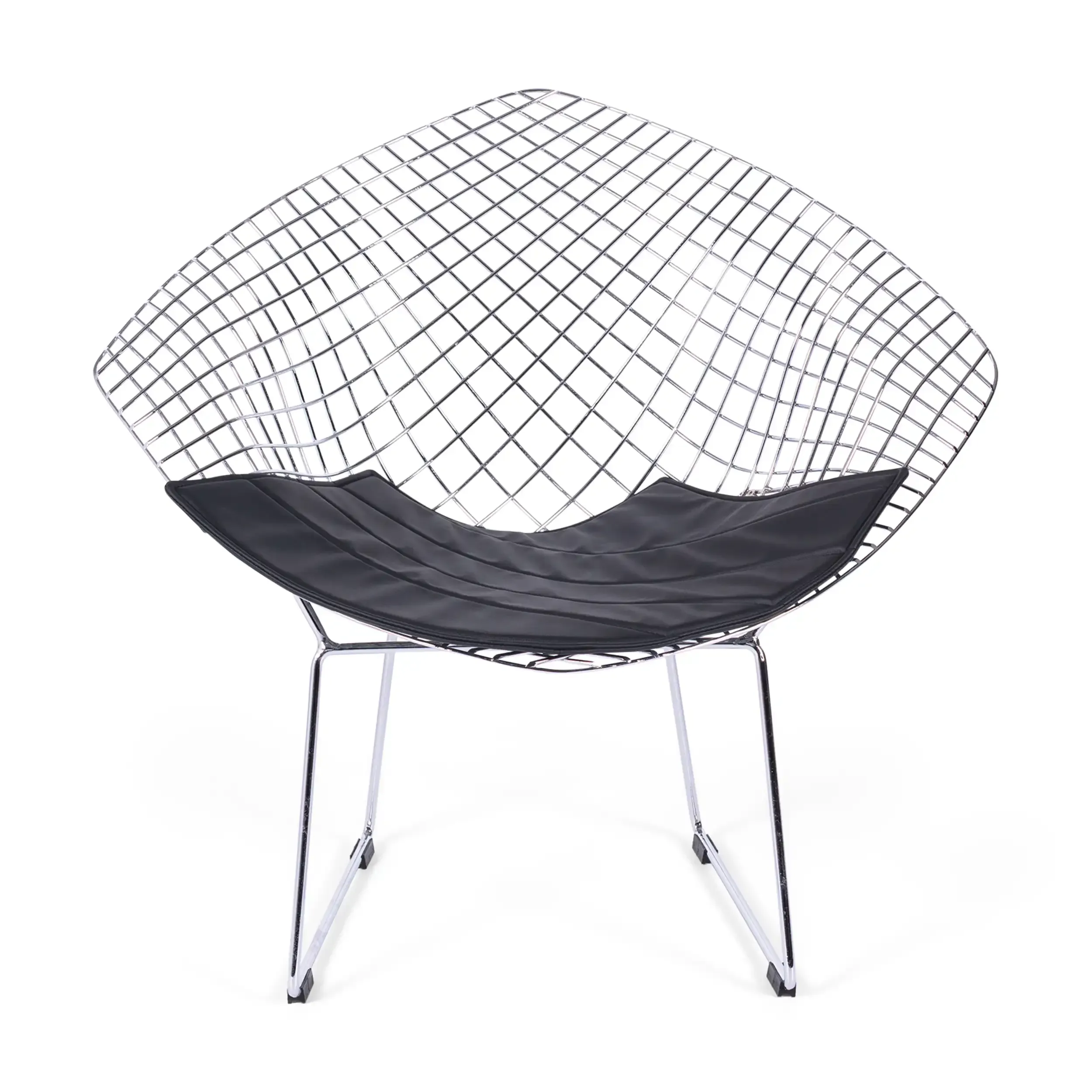 Réplica da cadeira Diamond em aço cromado e almofada em pele - Coleção Bertoia