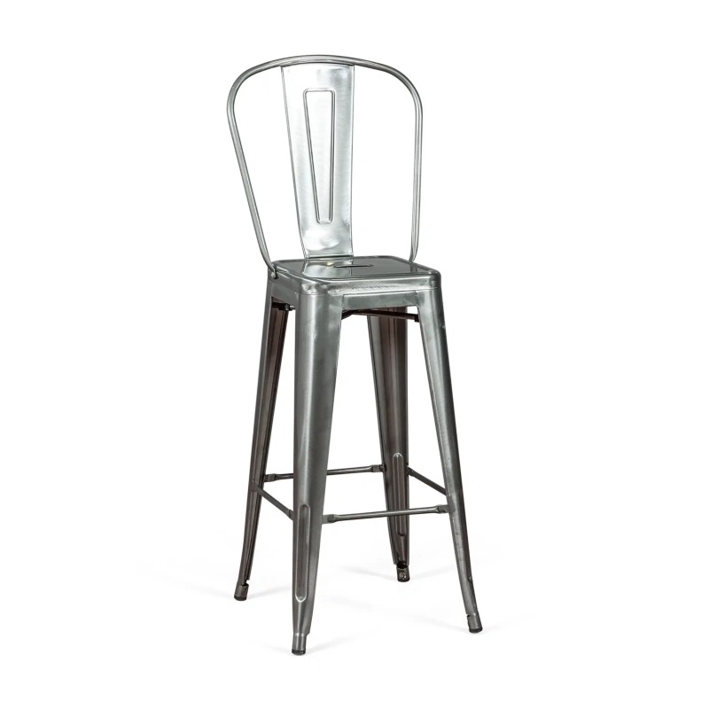 Réplique du tabouret métallique Tolix avec dossier haut et hauteur de 76 centimètres, inspiré du design de Xavier Pauchard