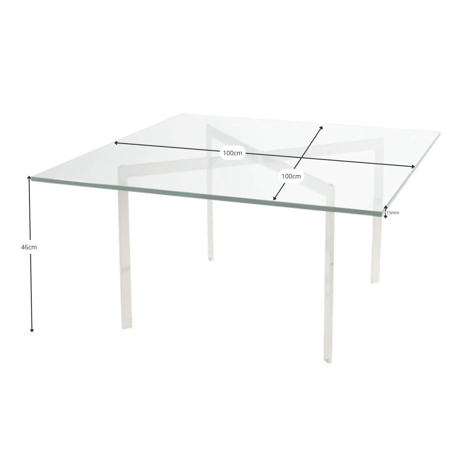 Mies Van Der Rohe Tisch 100x100cm : Gehärtetes Glas und rostfreier Stahl