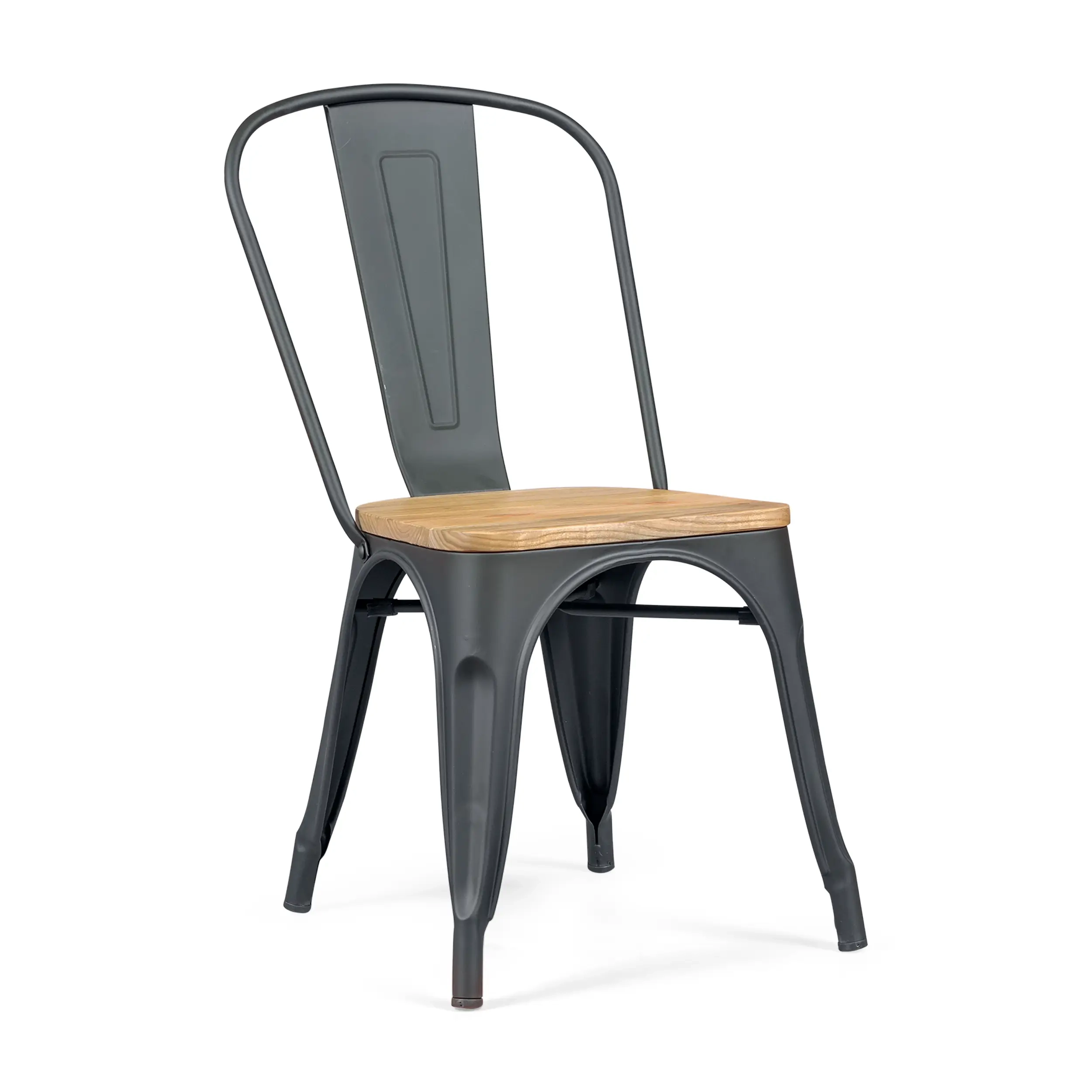 Cadeira empilhável Bistro | Aço mate e madeira maciça, estilo industrial