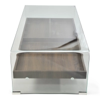 Stolik kawowy Pot: szkło hartowane z drewnianą szufladą