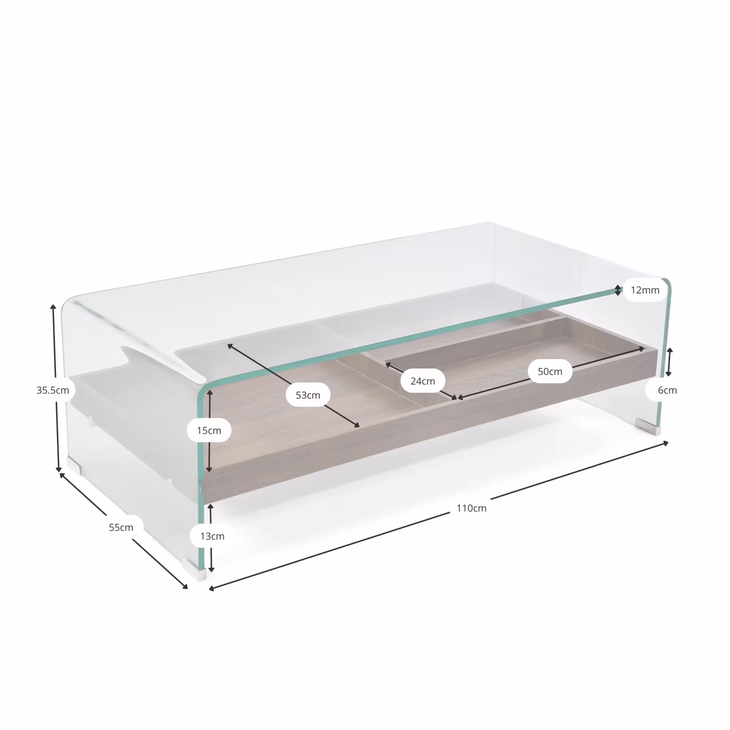 Mesa de centro Pot | Cristal templado con cajón de madera