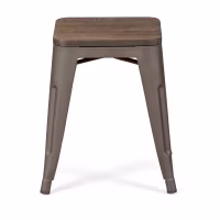 Taburete industrial bajo con asiento de madera Bistro Antique