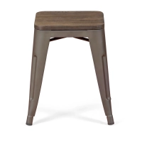 Banqueta baixa industrial com assento de madeira Bistro Antique