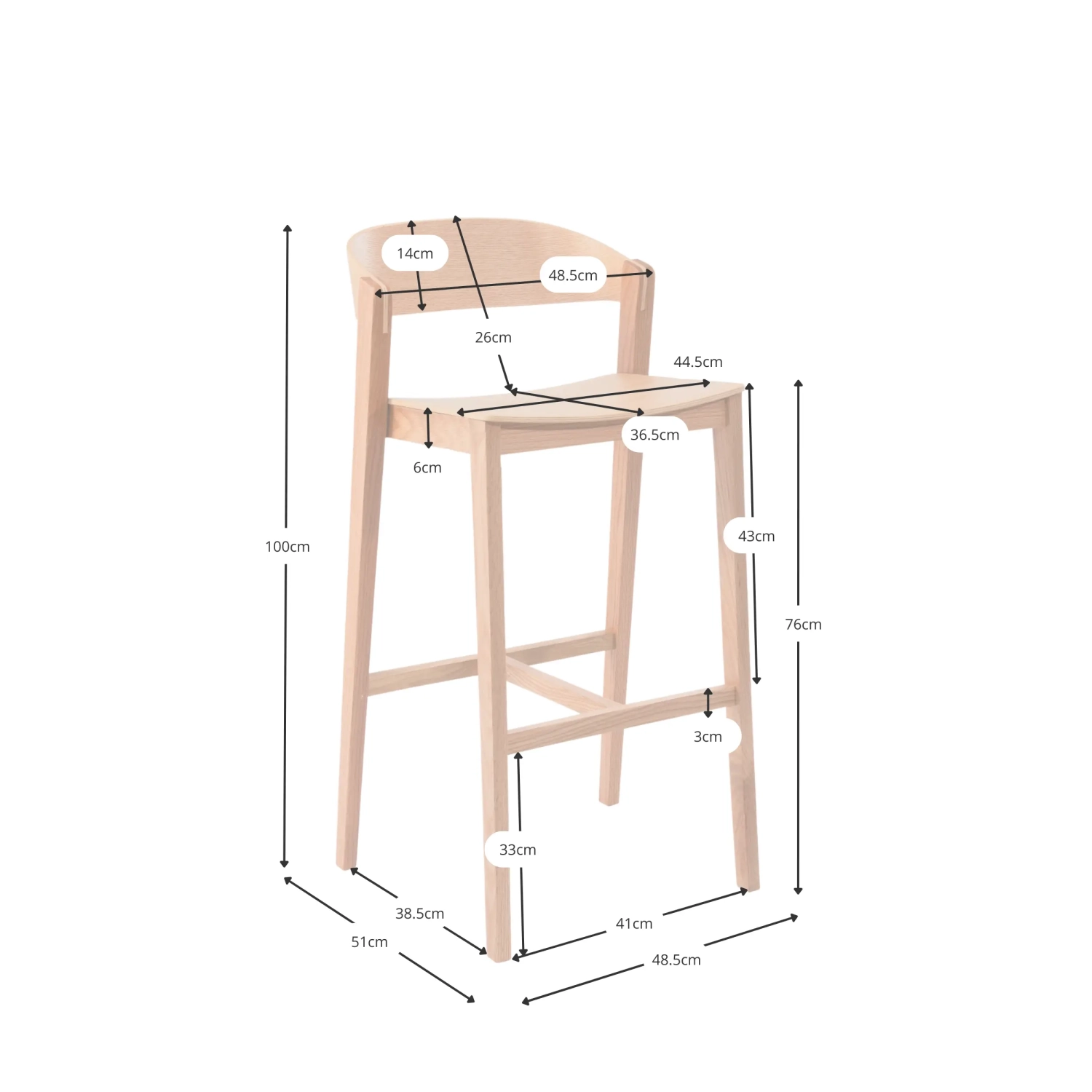 Soho Taburete de bar escandinavo de 76 cm | Madera de roble o nogal