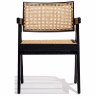 Compass chair with armrests in teak wood and natural rattan