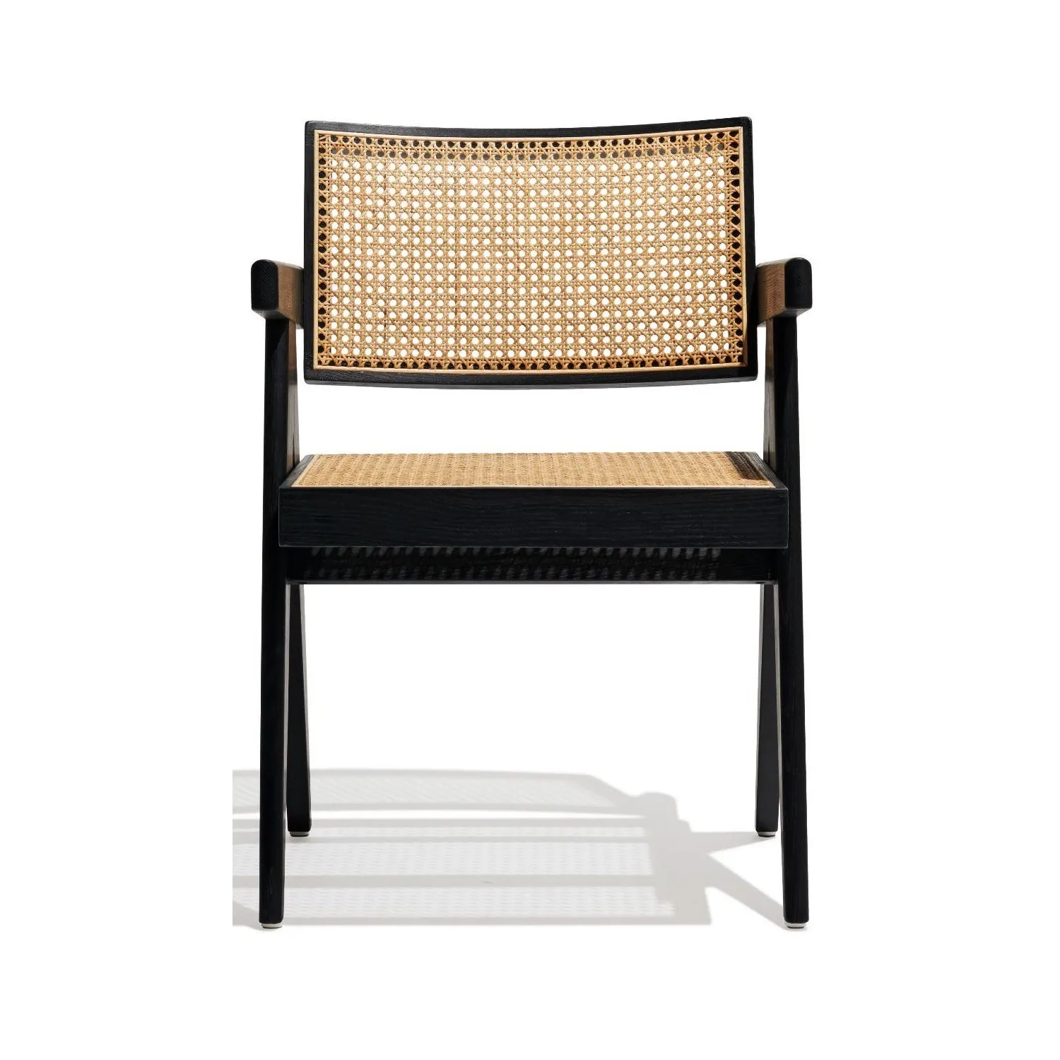 Silla con reposabrazos Compass en madera de teca y ratán natural