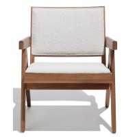 Compass lounge chair with armrests in teak wood and bouclé fabric