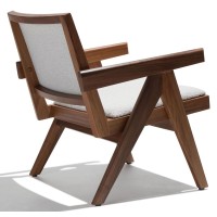 Compass lounge chair with armrests in teak wood and bouclé fabric