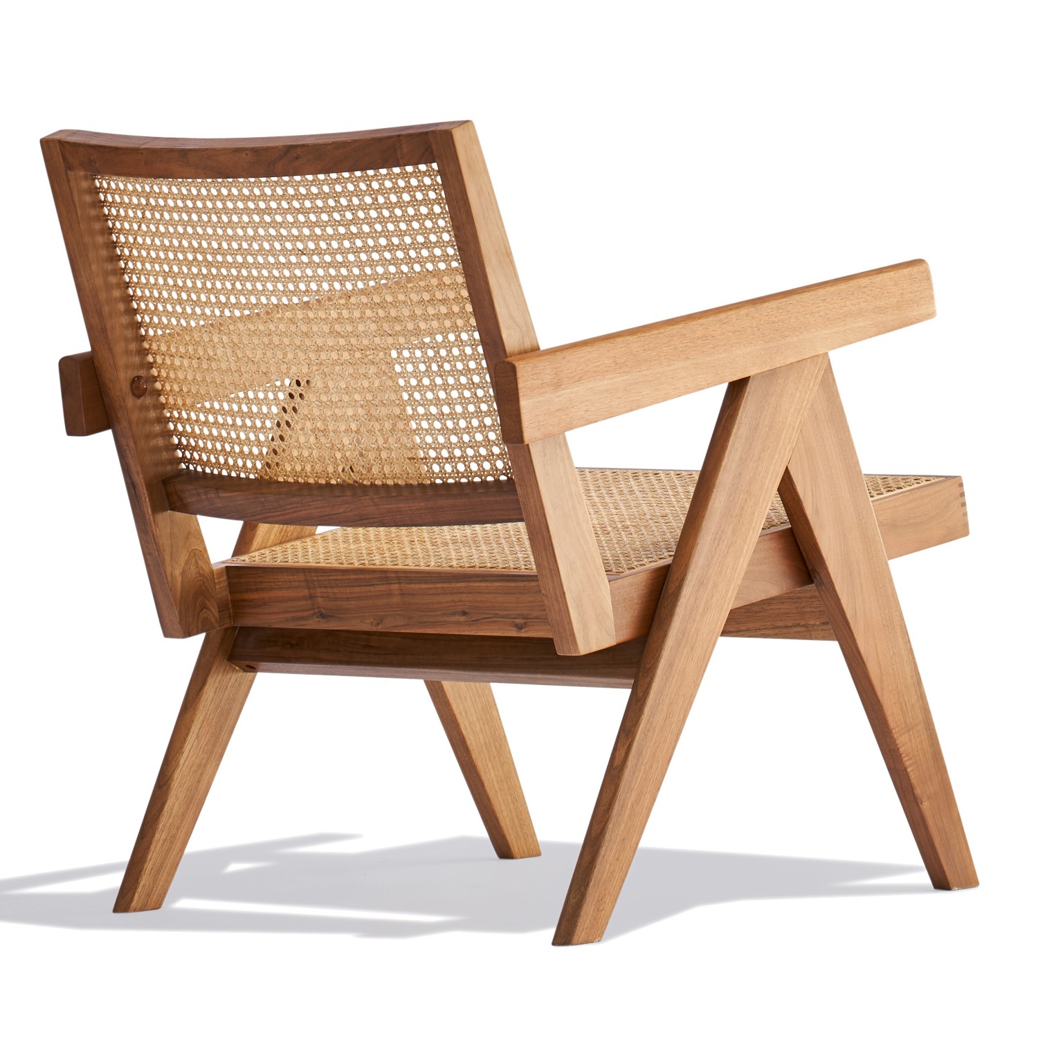 Chaise longue Compass avec accoudoirs en bois de teck et rotin naturel